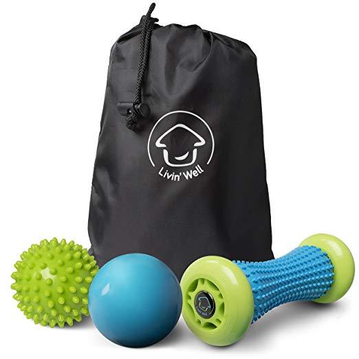 Foot Massager and Massage Ball Set - 2 Back Massager Massage Balls and Foot Massage Muscle Roller Combo Pack with Handheld Massager Carry Bag Livin' Well
