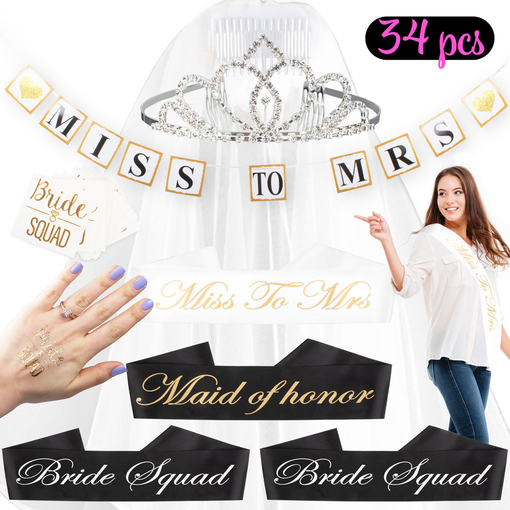 Livin’ Well Bachelorette Party Kits – Bride Squad Bridal Bundle Package & Party Supplies Kit w/ Bride Sash and Tiara, Miss to Mrs Banner, Veil, Tattoos