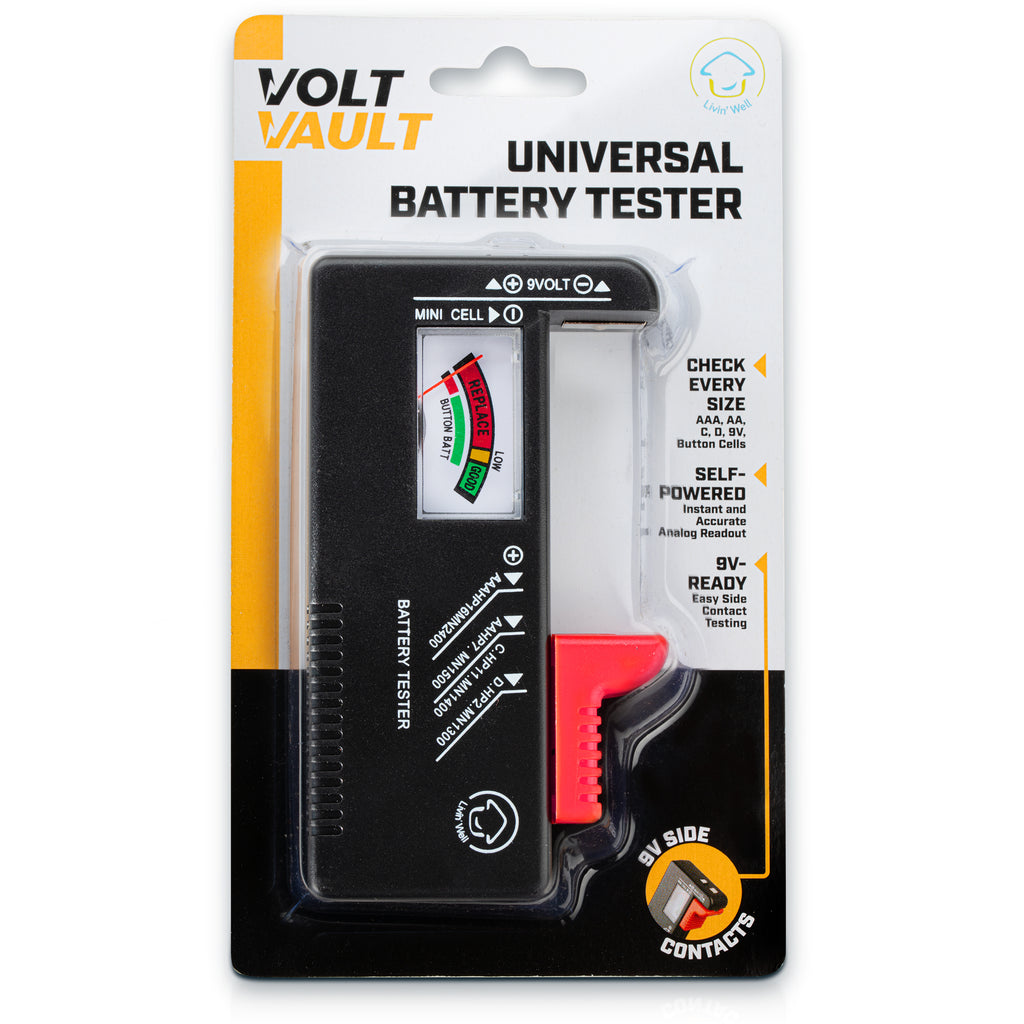 Volt Vault Battery Tester for AAA, AA, C, D, 9V and Small Batteries with Voltage Power Meter
